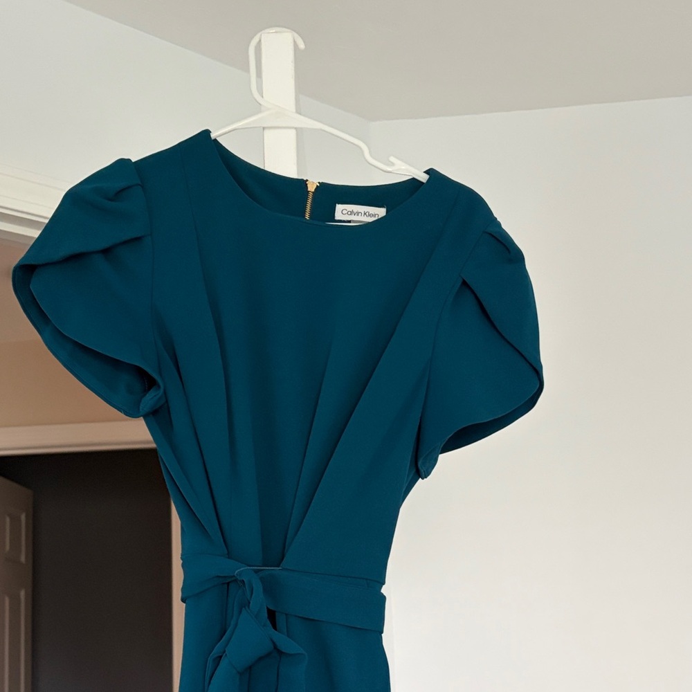 Calvin Klein Teal Puff-Sleeve Waist-Tie Jumpsuit